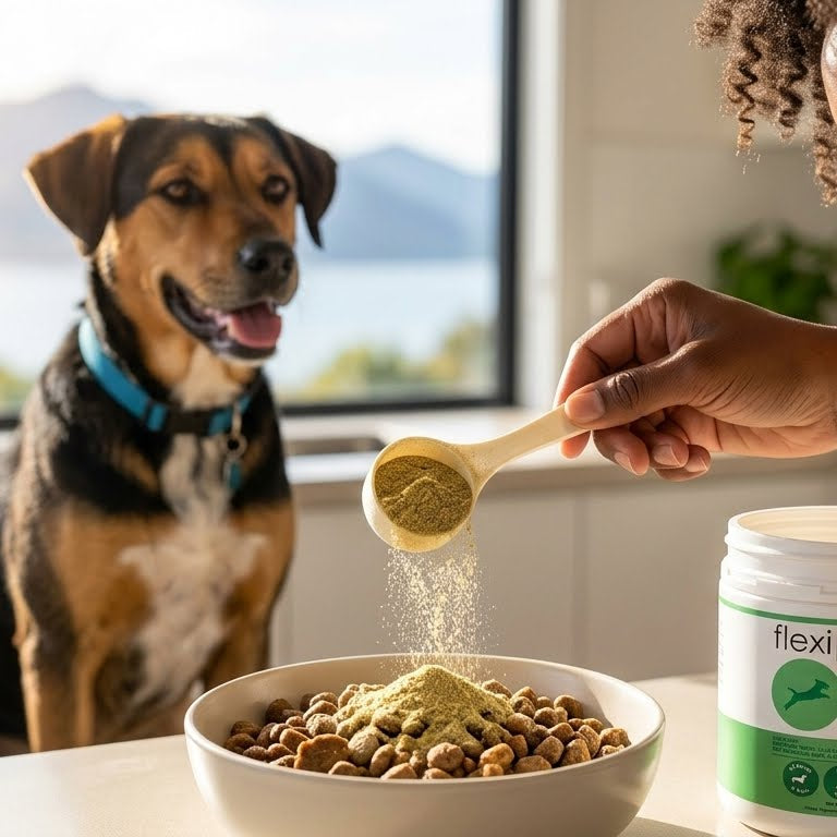 A person's hand holds a wooden spoon pouring a green powder over kibble in a bowl, with a dog looking on from the window in the background. A white jar labeled 'flexi' is visible on the right.