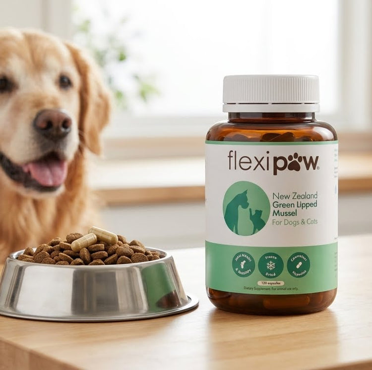 A bottle of flexipaw New Zealand Green Upped Mussel for Dogs & Cats stands on a wooden table next to a metal bowl filled with kibble, with a golden retriever dog blurred in the background.