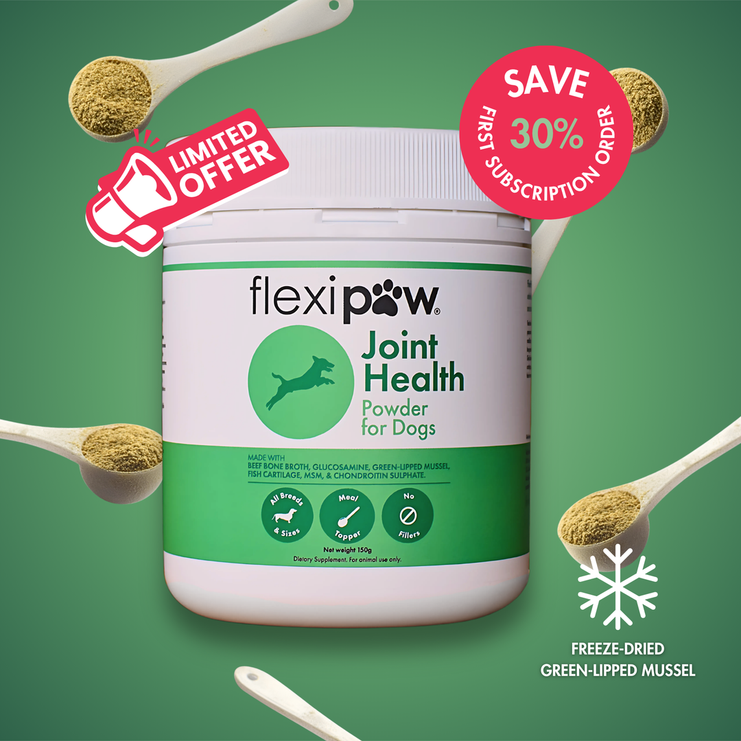 A white tub of flexipaw Joint Health Powder for Dogs centered on a green background, surrounded by floating white spoons holding freeze-dried green-lipped mussel. Promotional badges read &