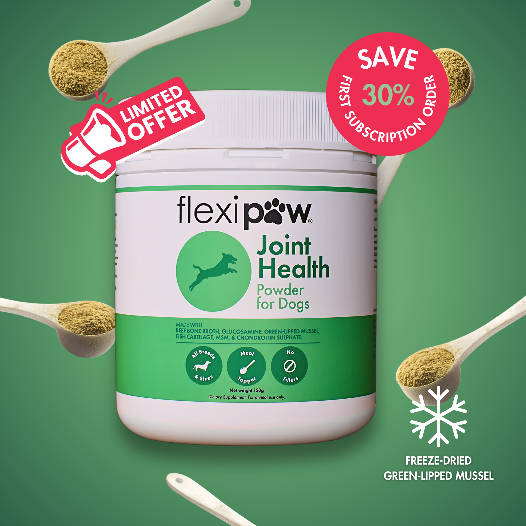 A white tub of flexipaw Joint Health Powder for Dogs centered on a green background, surrounded by floating white spoons holding freeze-dried green-lipped mussel. Promotional badges read 'Limited Offer' and 'Save 30% on first subscription order,' with a snowflake icon and 'Freeze-Dried Green-Lipped Mussel' text.