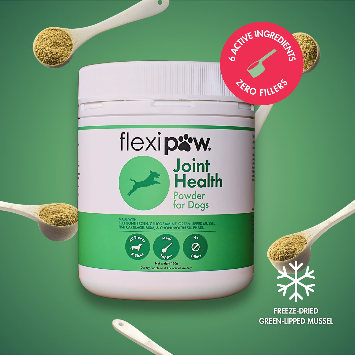 FlexiPaw Joint Health Powder for Dogs, a new supplement for all breeds and sizes, featuring a green and white tub with surrounding spoonfuls of the natural powder. NZ dog joint care.