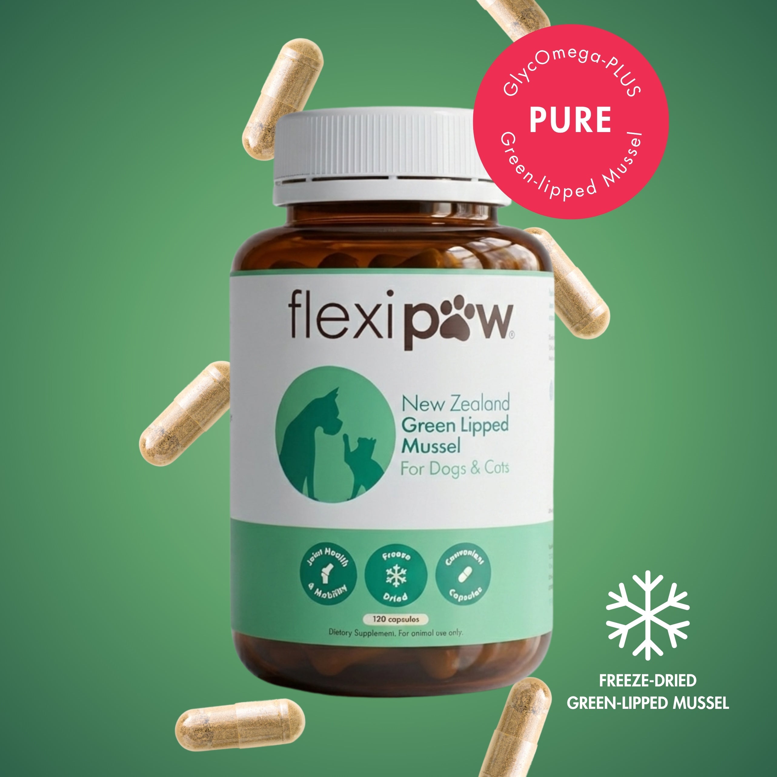 Flexipaw supplement bottle with capsules on a green background