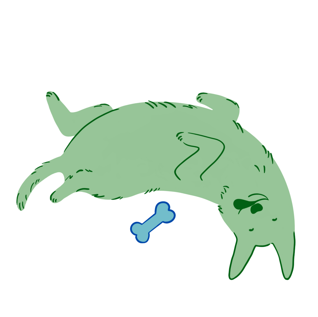 cartoon drawing of a dog on its back playing with a bone shaped toy. 