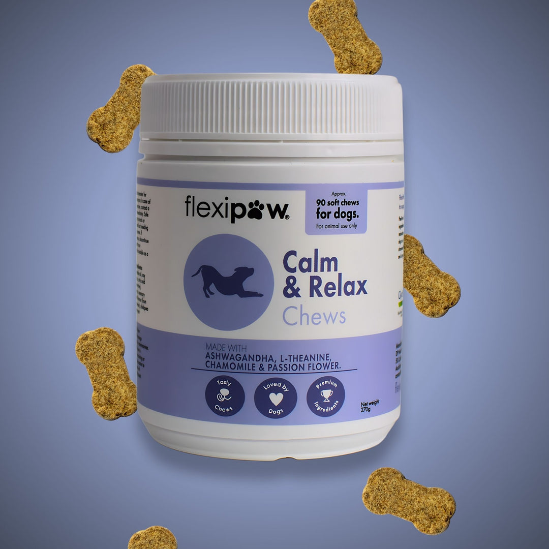 FlexiPaw Calm &amp; Relax Chews for Dogs - Soft chews made with Ashwagandha, L-Theanine, Chamomile &amp; Passion Flower to help relieve dog anxiety and promote relaxation. [270g container]